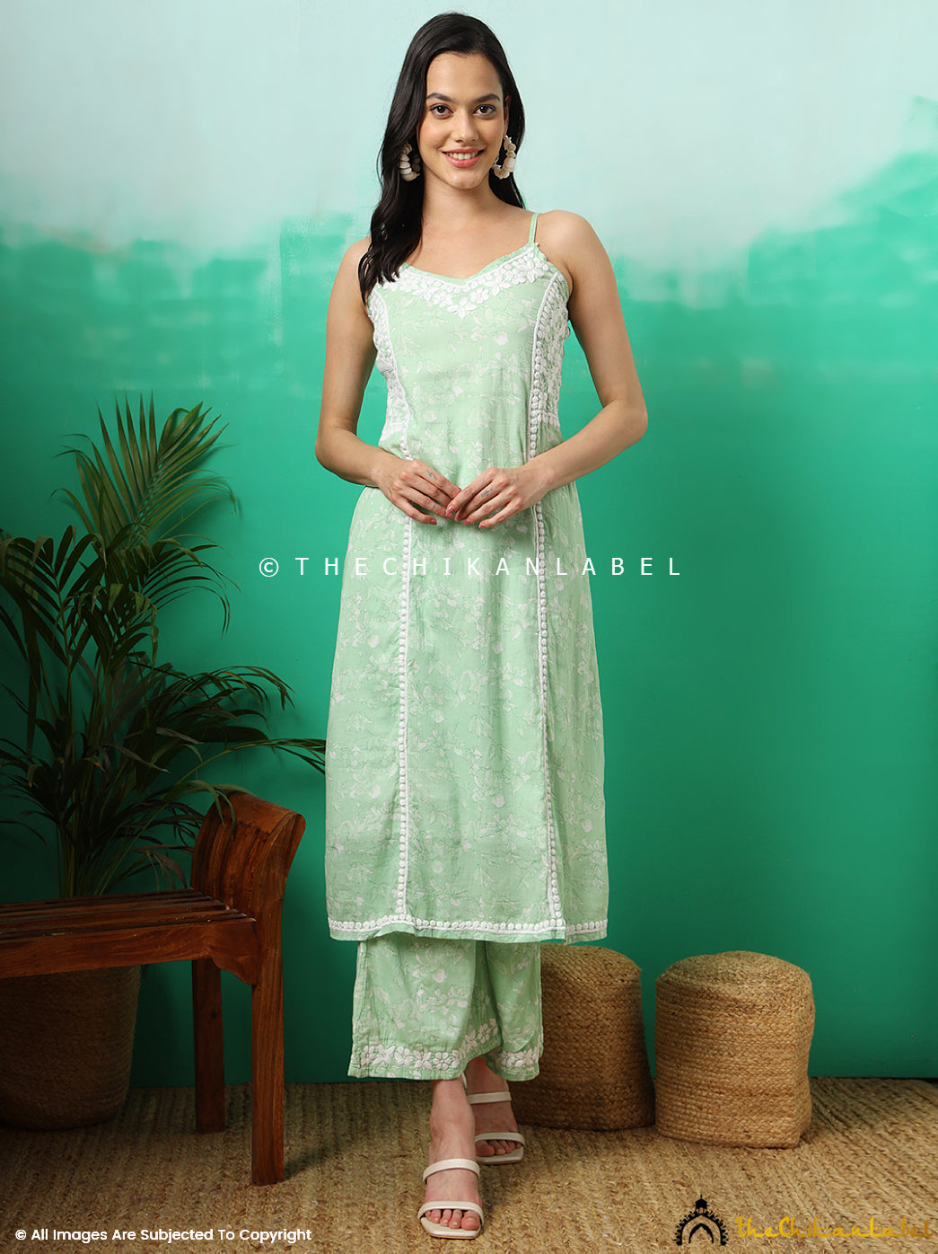 Fariha Cotton Chikankari Strappy Kurta Set - Green | The Chikan Label XS Fariha Cotton Chikankari Strappy Kurta Set - Green | The Chikan Label XS