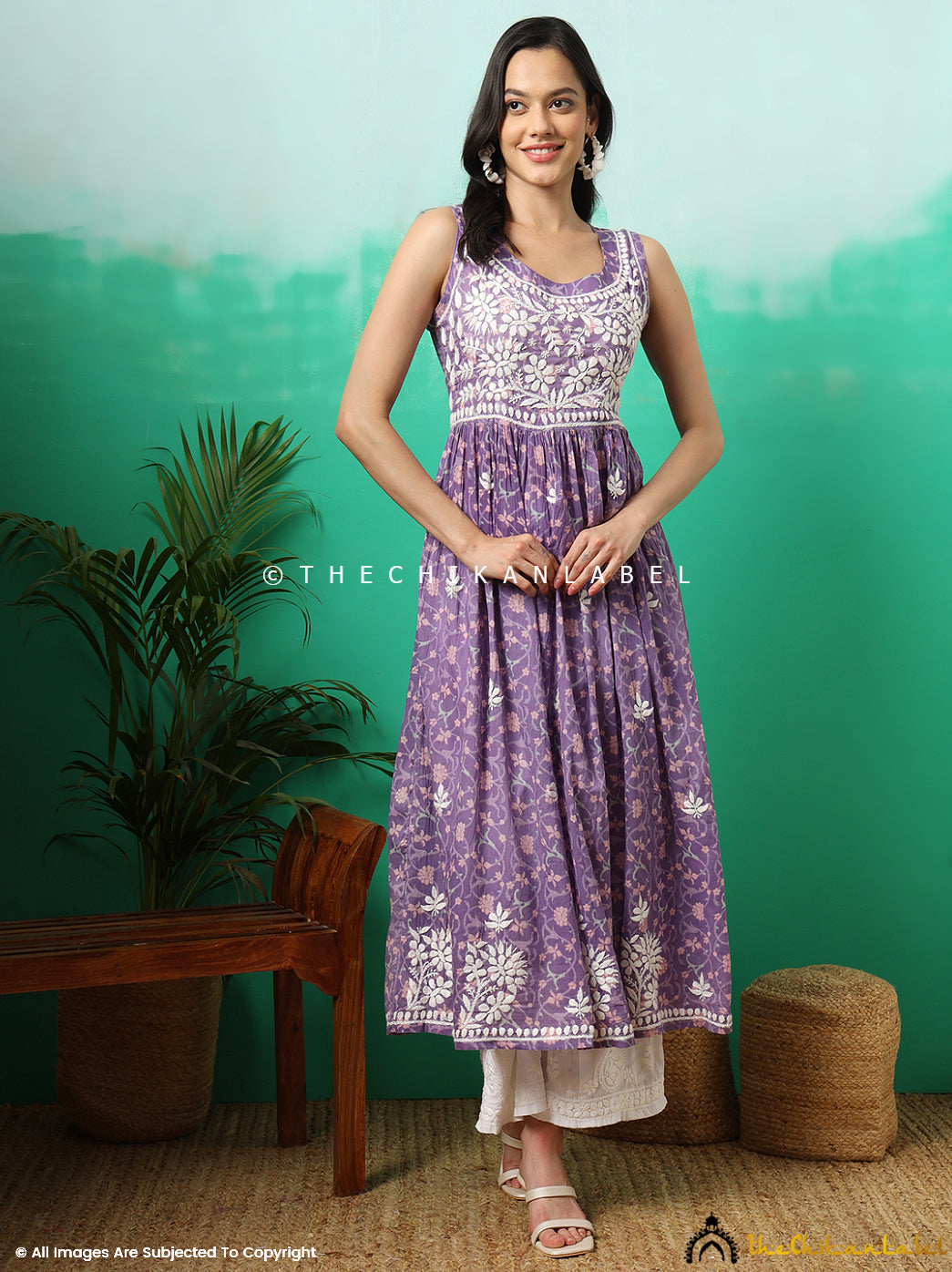 Purple Rahila Mulmul Printed Sleeveless A-Line Kurti