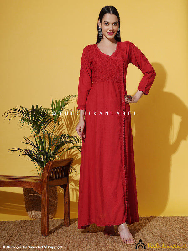 Woman wearing red chikankari angrakha dress

