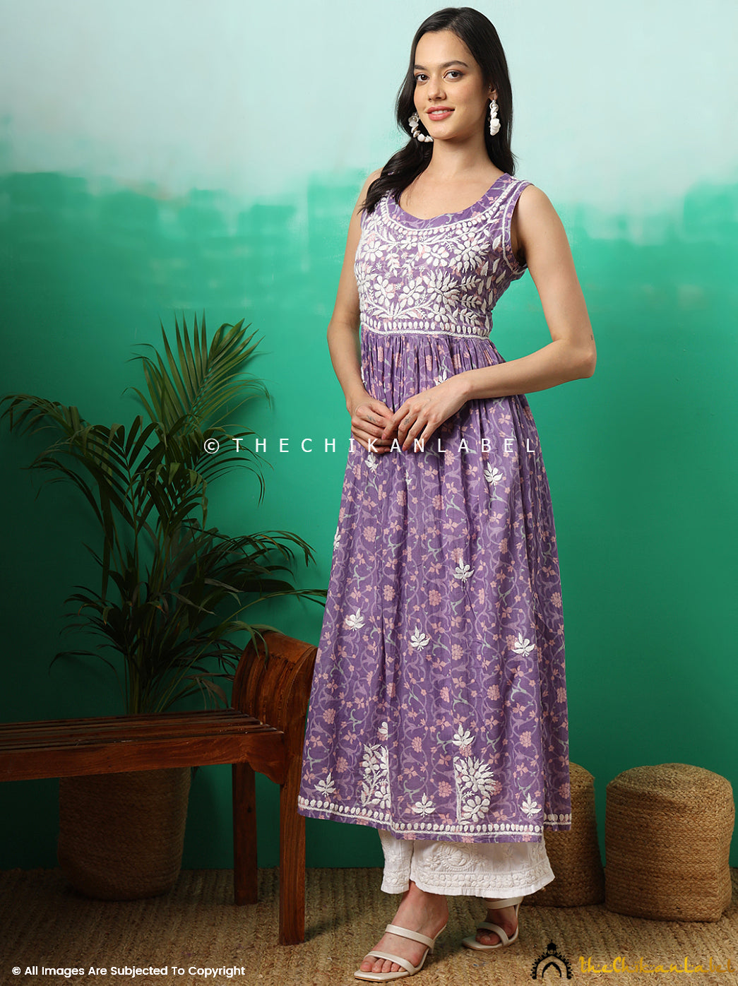 Purple Rahila Mulmul Printed Sleeveless A-Line Kurti