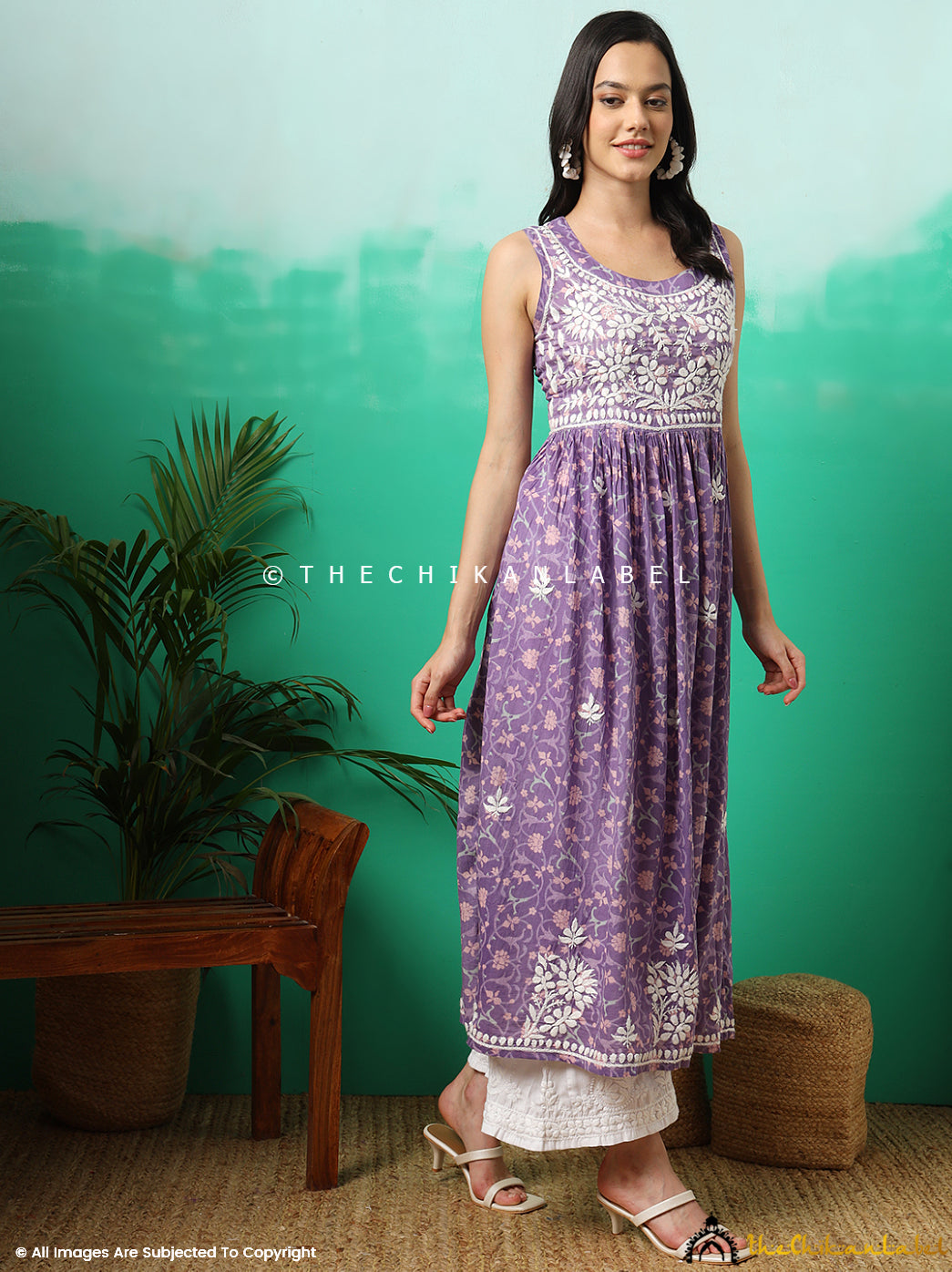 Purple Rahila Mulmul Printed Sleeveless A-Line Kurti