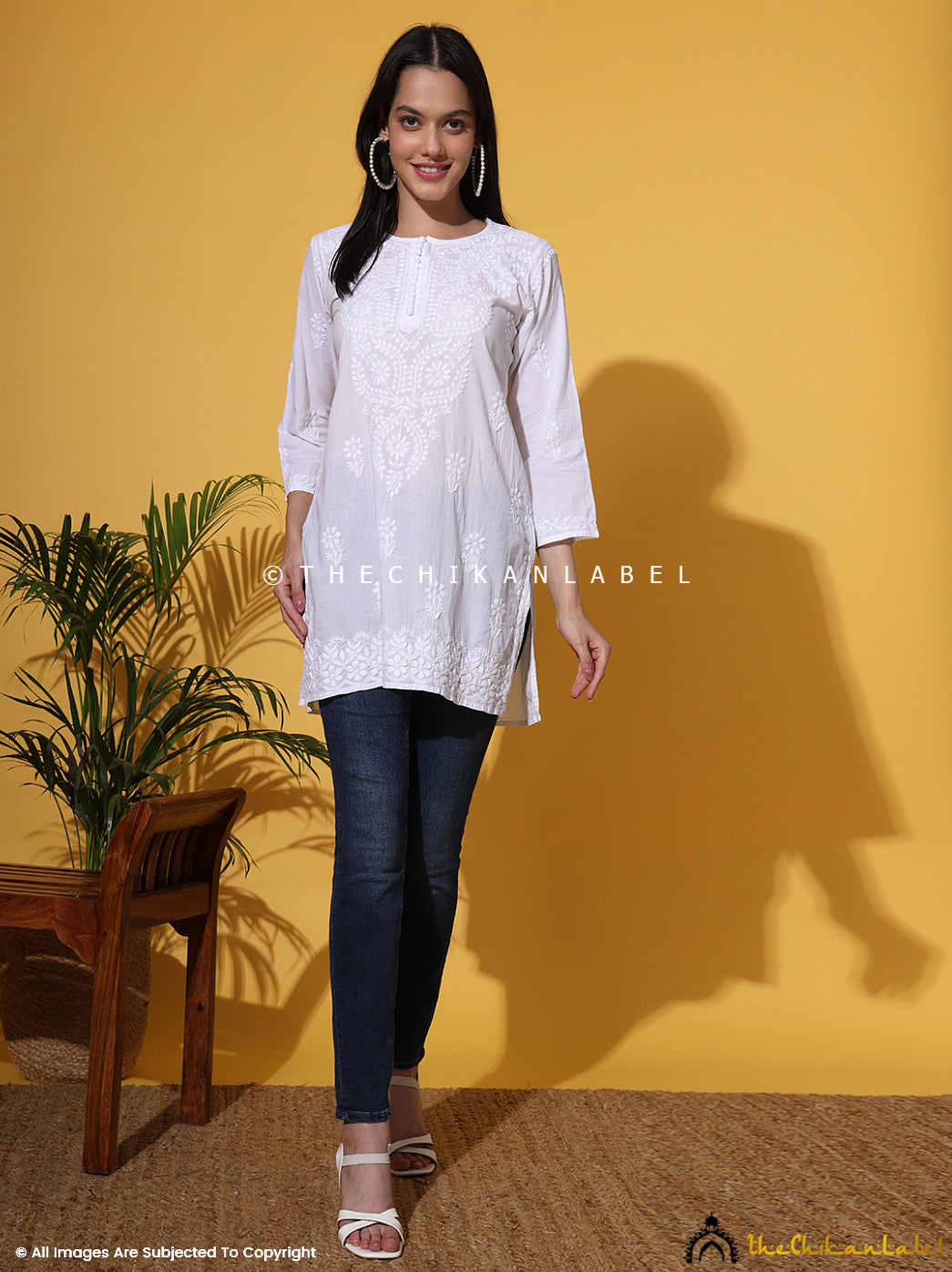 White Ira Cotton Chikankari Short Kurti