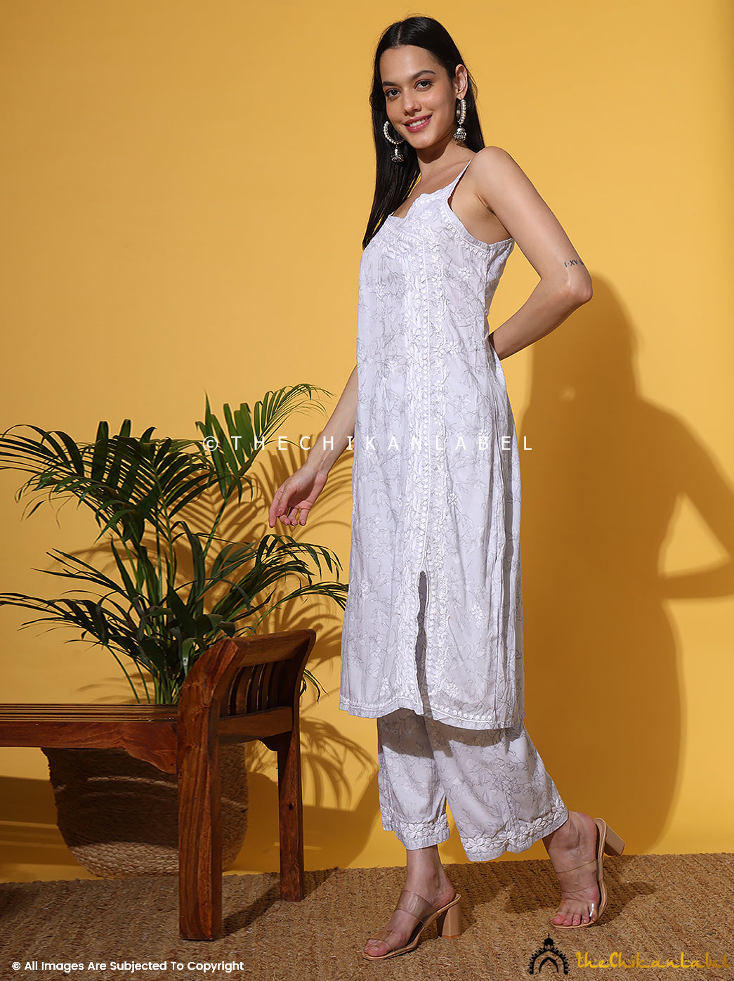 Grey Fariha Cotton Chikankari Strappy Kurta Set