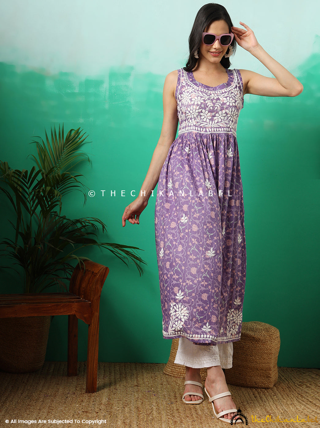 Purple Rahila Mulmul Printed Sleeveless A-Line Kurti