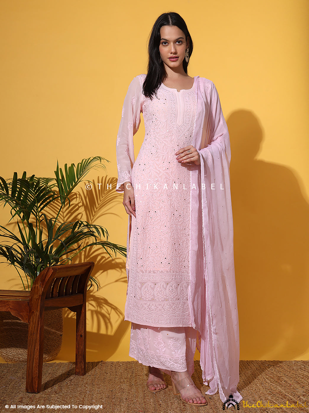 Sukhmani Gambhir Champagne Sitara Viscose Chikankari Kurta Set with Dupatta