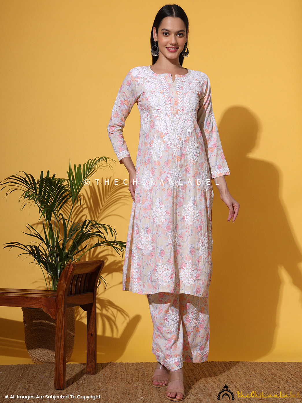 Peach Meher Mulmul Cotton Chikankari Kurta Set