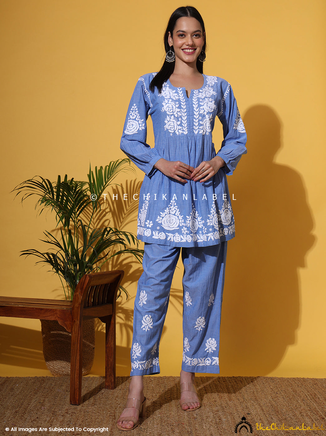 Blue Laiba Denim Chikankari Short Kurta Set