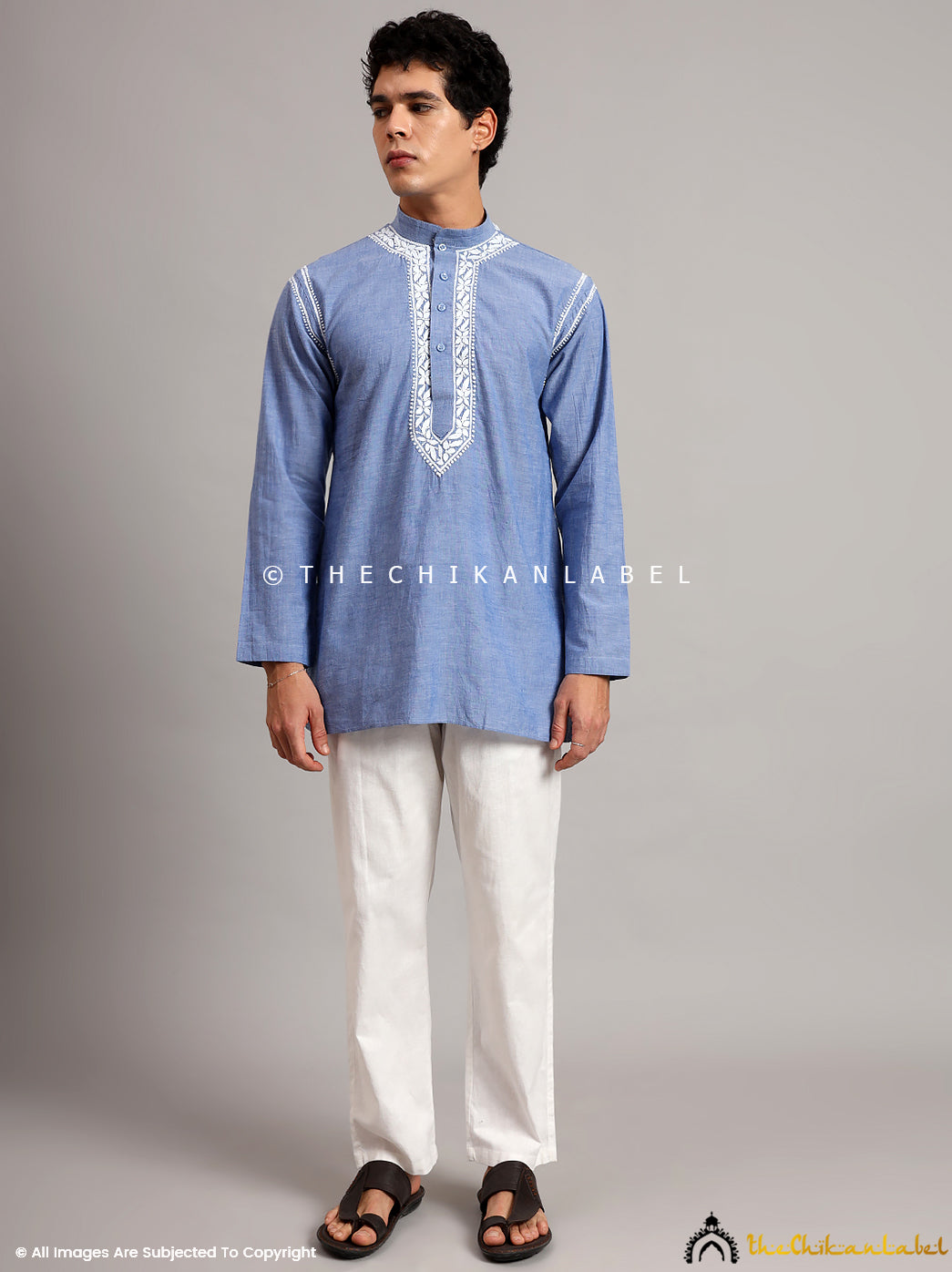 Denim Cotton Mens Kurta Lucknawi Chikankari Handmade