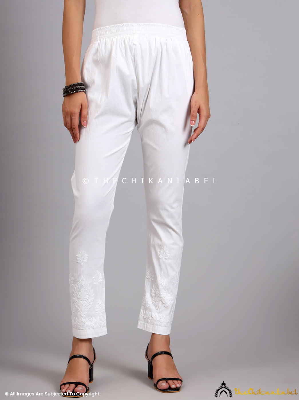 White Omya Lycra Straight Chikankari Cigarette Pant