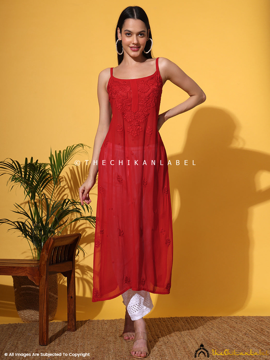 Red Lehza Viscose Chikankari Strappy Kurta