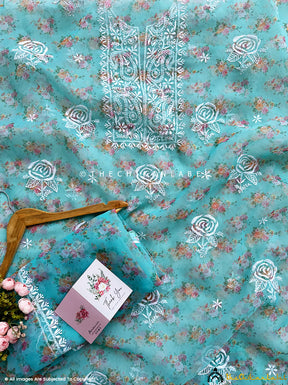 Blue Ahyana Un-stitched Printed Organza Chikankari Suit