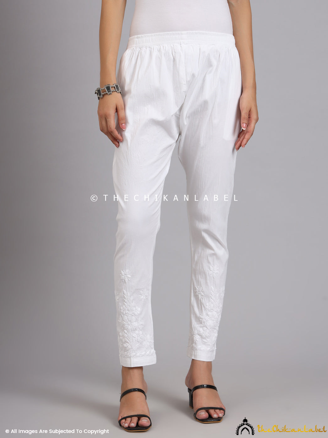 White Lekha Lycra Straight Chikankari Cigarette Pant