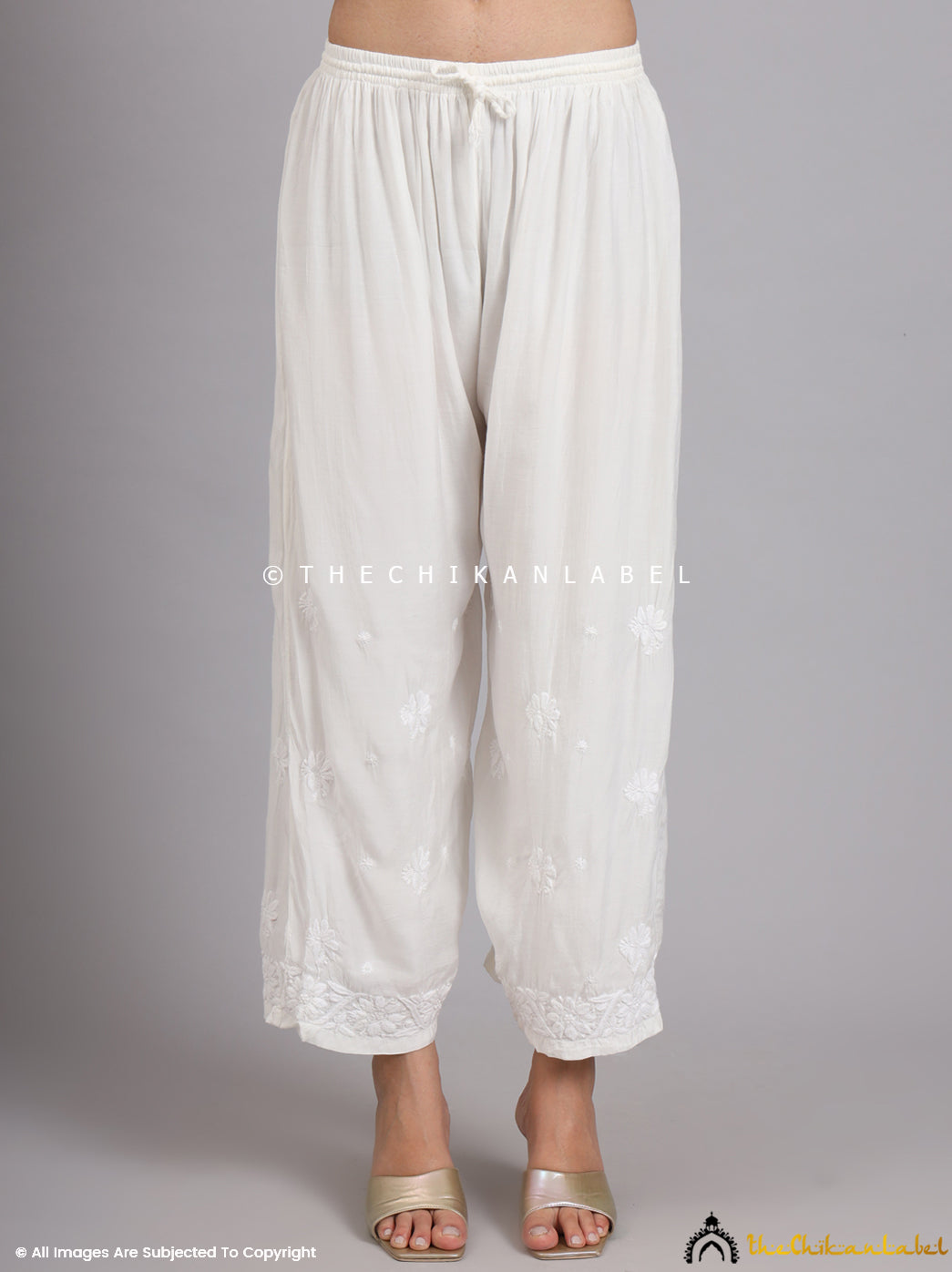 White Tithi Muslin Chikankari Straight Palazzo