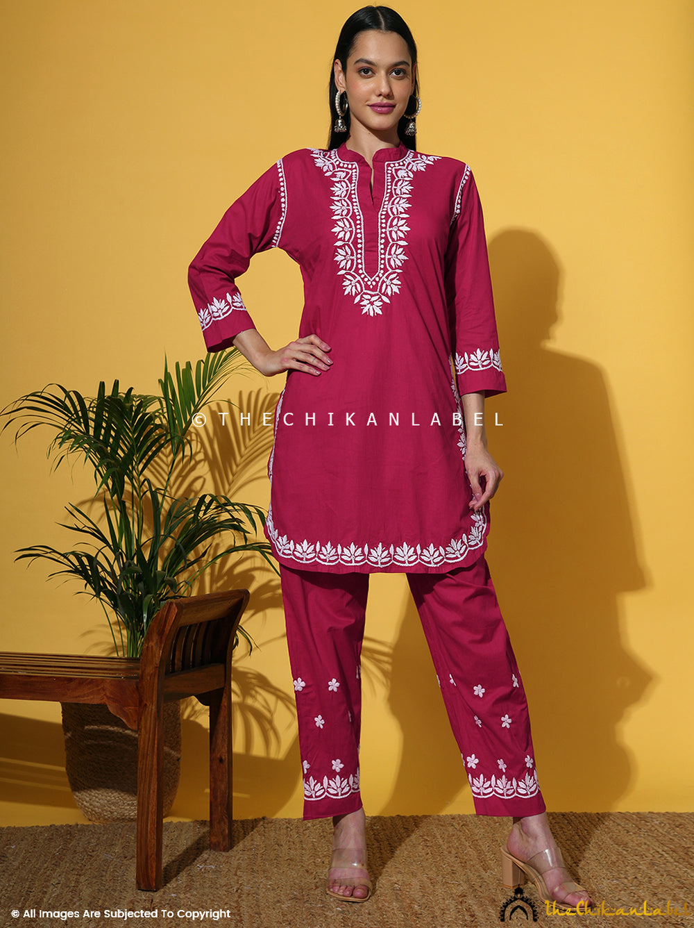 Neutral Chic - Pretty Earthy Coloured Kurti With Rani Pink Trims (Optional Pants)
