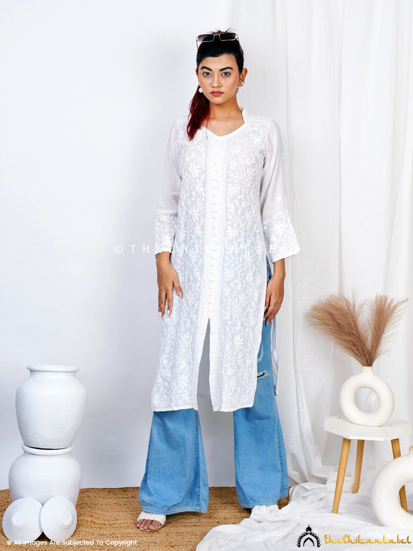 White Kaira Muslin Chikankari Straight Kurti