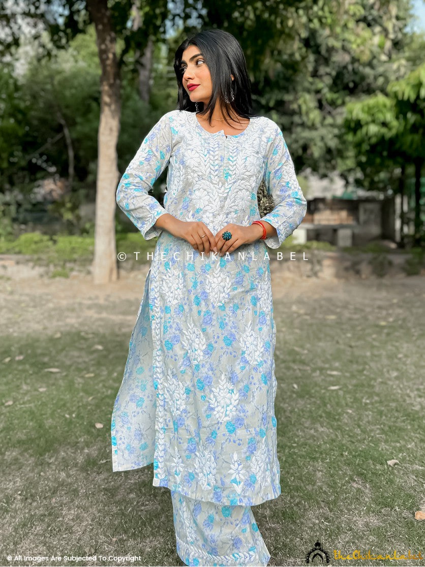 Blue Meher Mulmul Cotton Chikankari Kurta Set