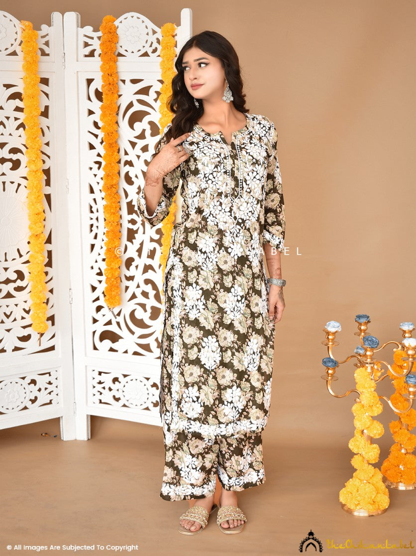 Buy chikankari kurti palazzo set online at best prices, Shop authentic Lucknow chikankari handmade kurta kurti palazzo set in mulmul fabric for women 