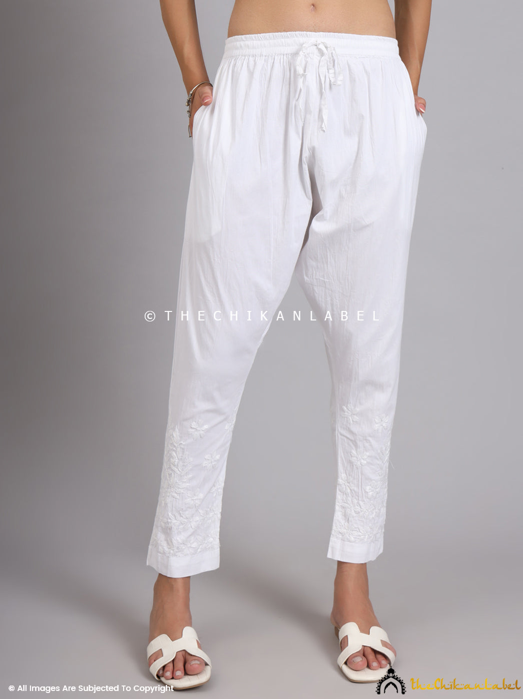 White Nishka Lycra Straight Chikankari Cigarette Pant