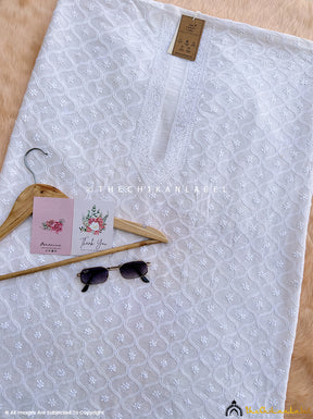 White Shaan Chanderi Mens Un-stitched Chikankari Kurta