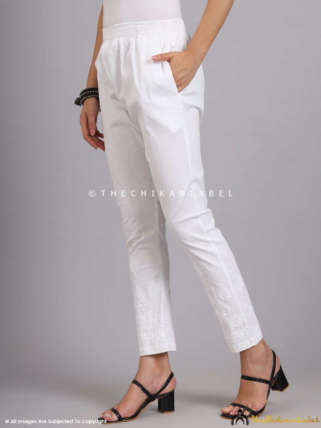 White Omya Lycra Straight Chikankari Cigarette Pant