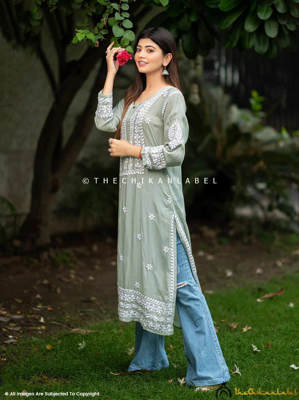 Pista Green Muslin Chikankari Straight Kurti