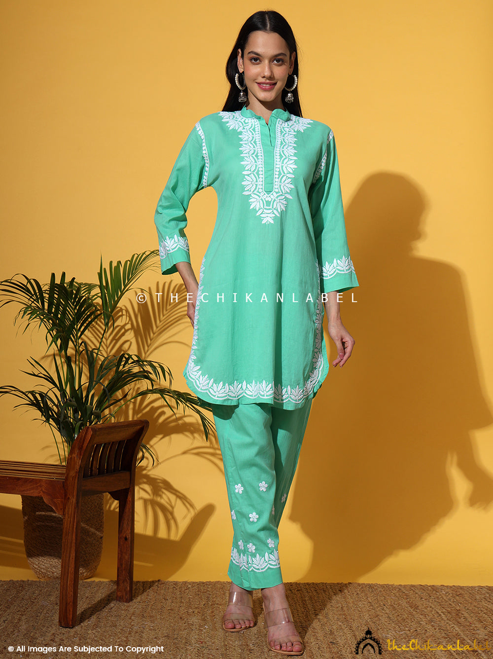 Lime Green Pure Cotton Chikankari A-Line Kurta with Mukhaish Work