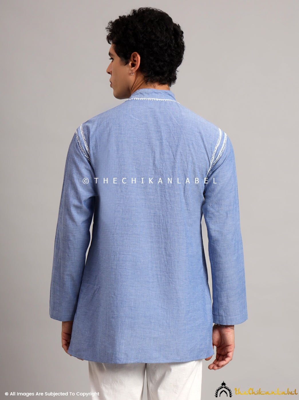 Denim Cotton Mens Kurta Lucknawi Chikankari Handmade