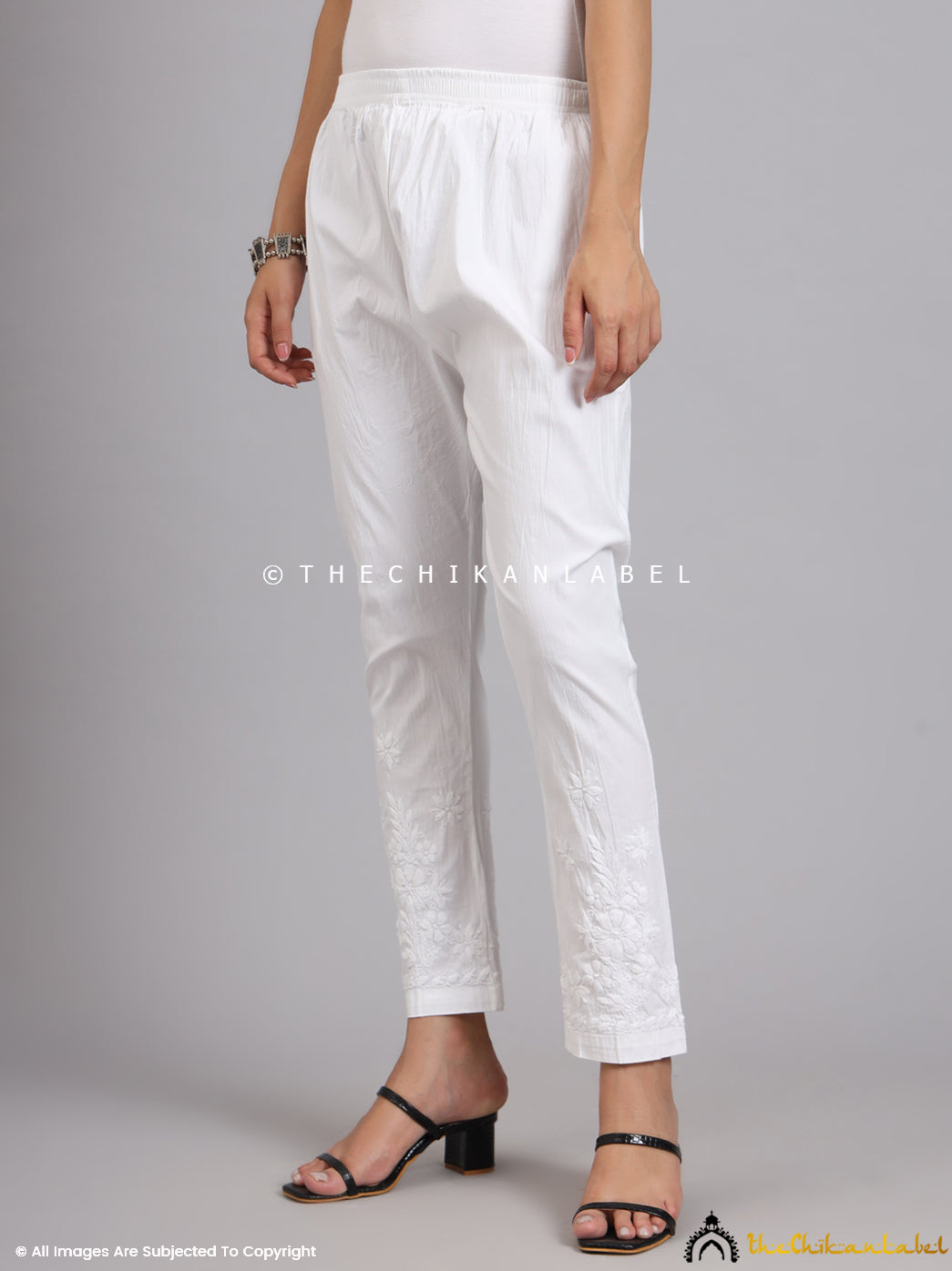 White Lekha Lycra Straight Chikankari Cigarette Pant