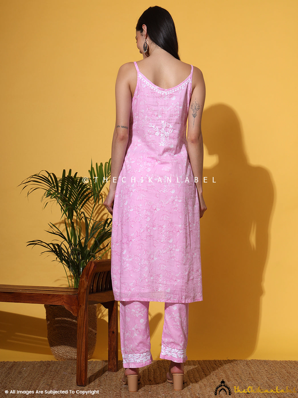 Pink Fariha Cotton Chikankari Strappy Kurta Set