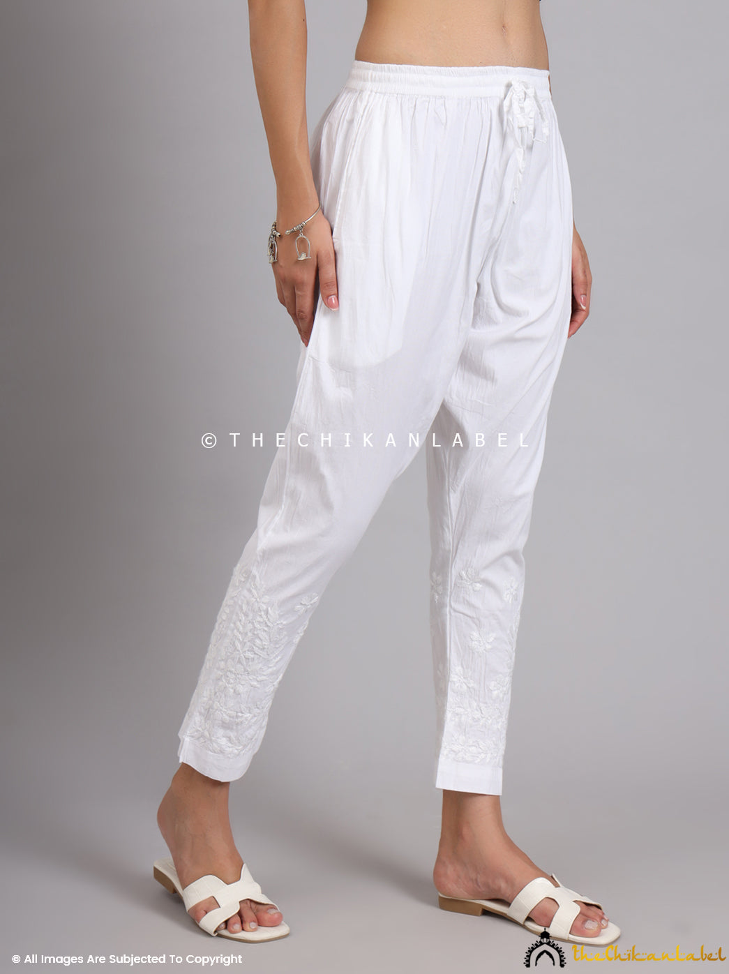 White Nishka Lycra Straight Chikankari Cigarette Pant