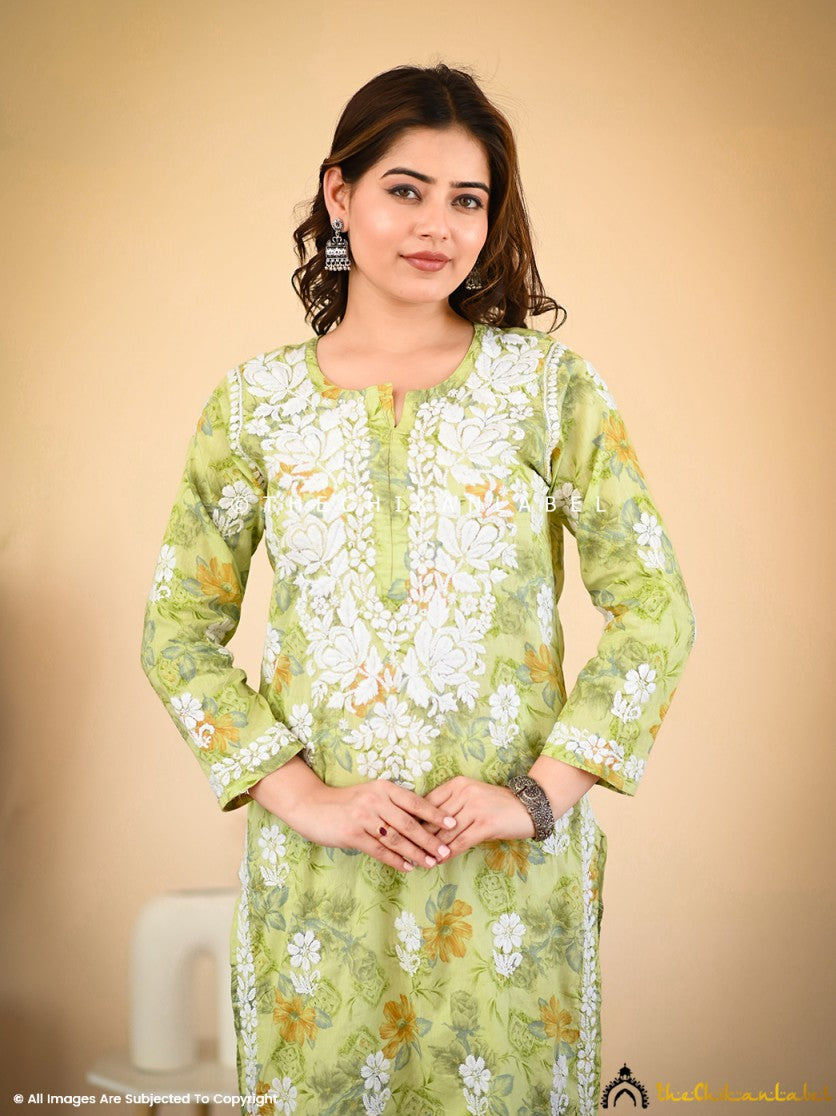 Green Chah Mulmul Cotton Printed Straight Chikankari Kurti , Chikankari Kurti in Mulmul fabric For Woman