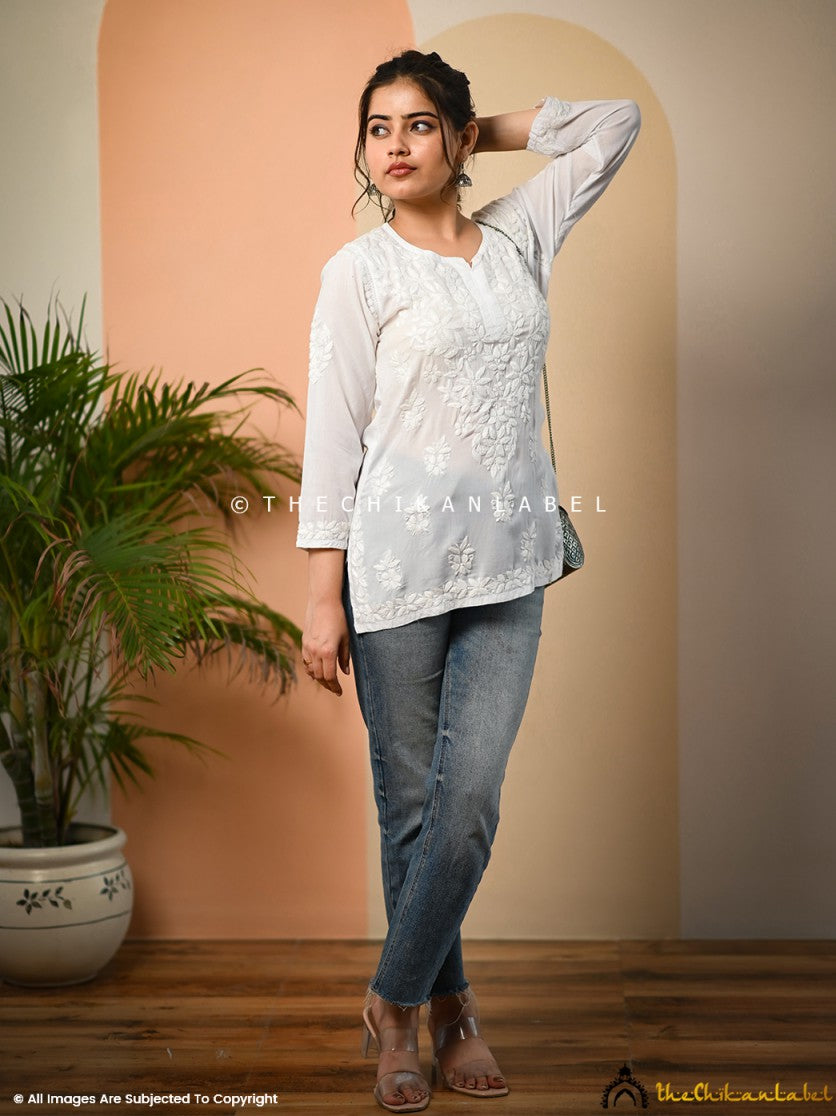 White Jenna Modal Chikankari Short Kurta ,Chikankari Short Kurtain Modal Fabric For Woman