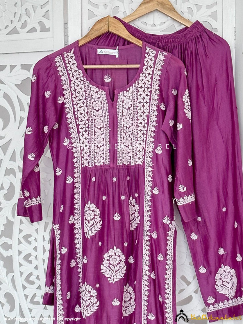 Purple Chanderi Straight Chikankari Kurti Pant Set Thechikanlabel