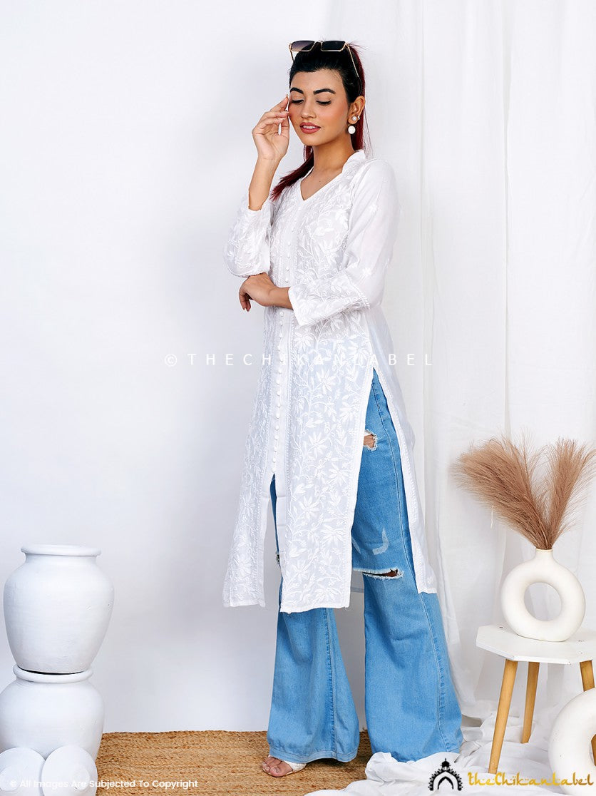 White Kaira Muslin Chikankari Straight Kurti