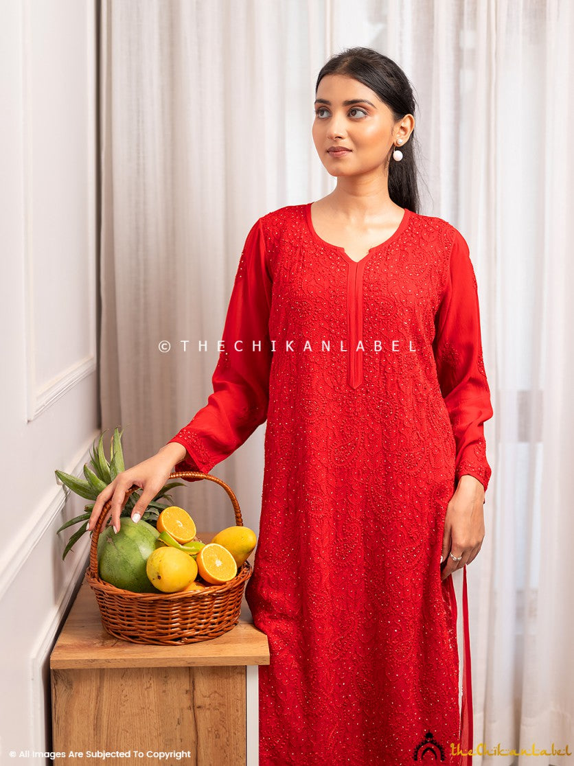 Rakul Preet Red Viscose Chikankari Straight Kurti