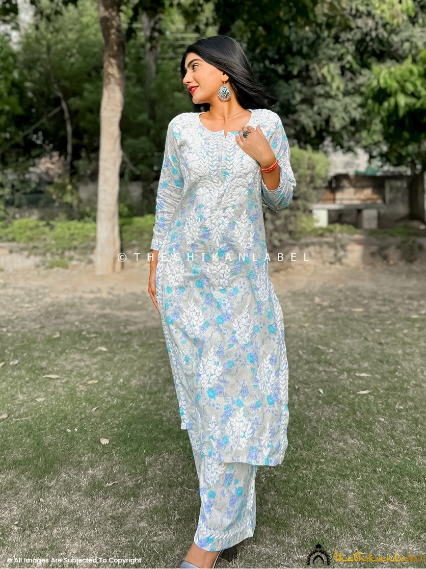 Blue Meher Mulmul Cotton Chikankari Kurta Set