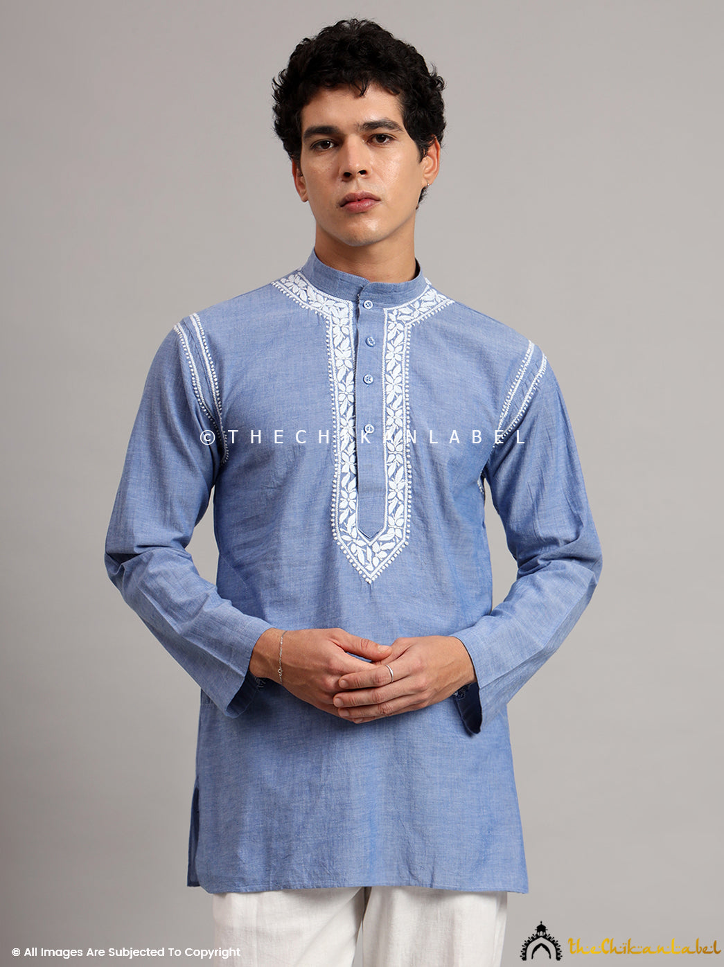 Denim Cotton Mens Kurta Lucknawi Chikankari Handmade