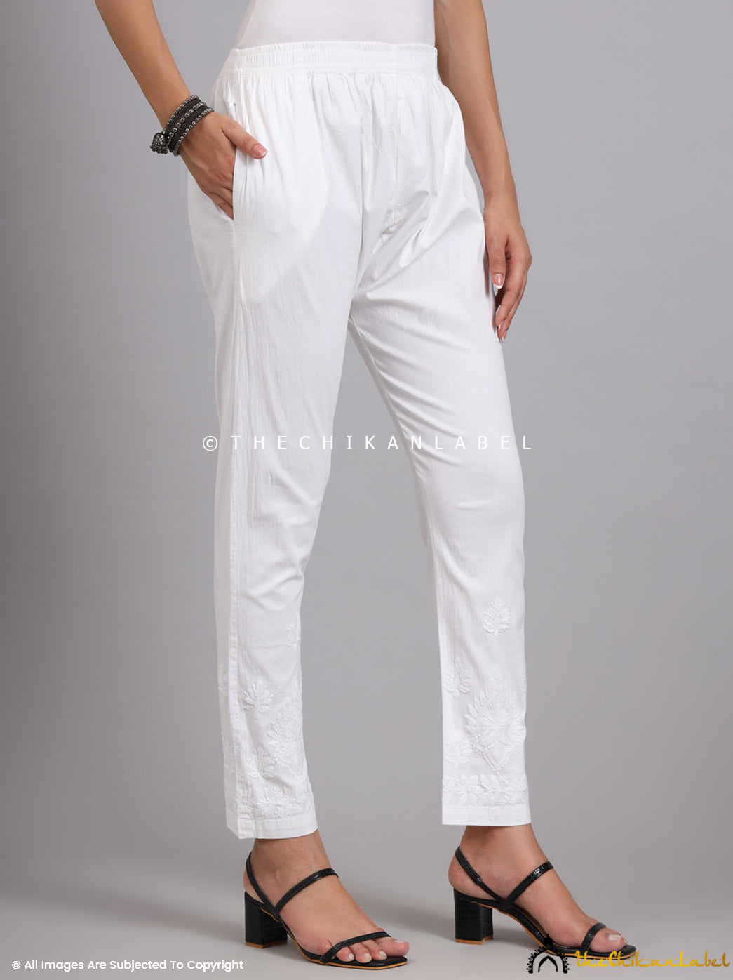 White Omya Lycra Straight Chikankari Cigarette Pant