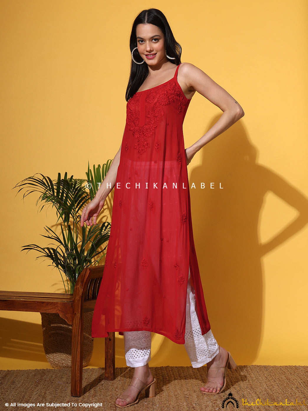 Red Lehza Viscose Chikankari Strappy Kurta