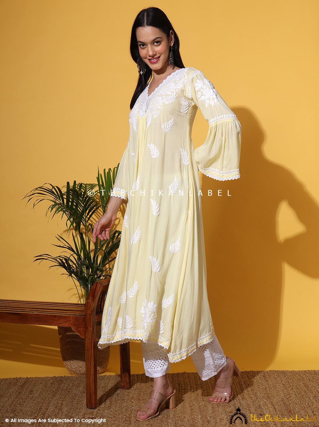 Yellow Ruhina Modal Chikankari A-Line Kurti