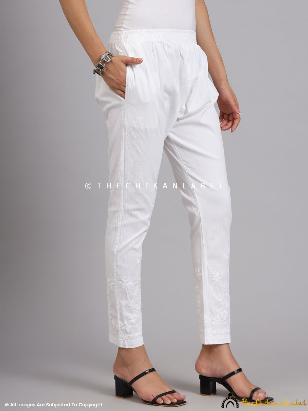 White Lekha Lycra Straight Chikankari Cigarette Pant