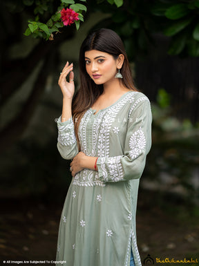 Pista Green Amara Muslin Chikankari Straight Kurti