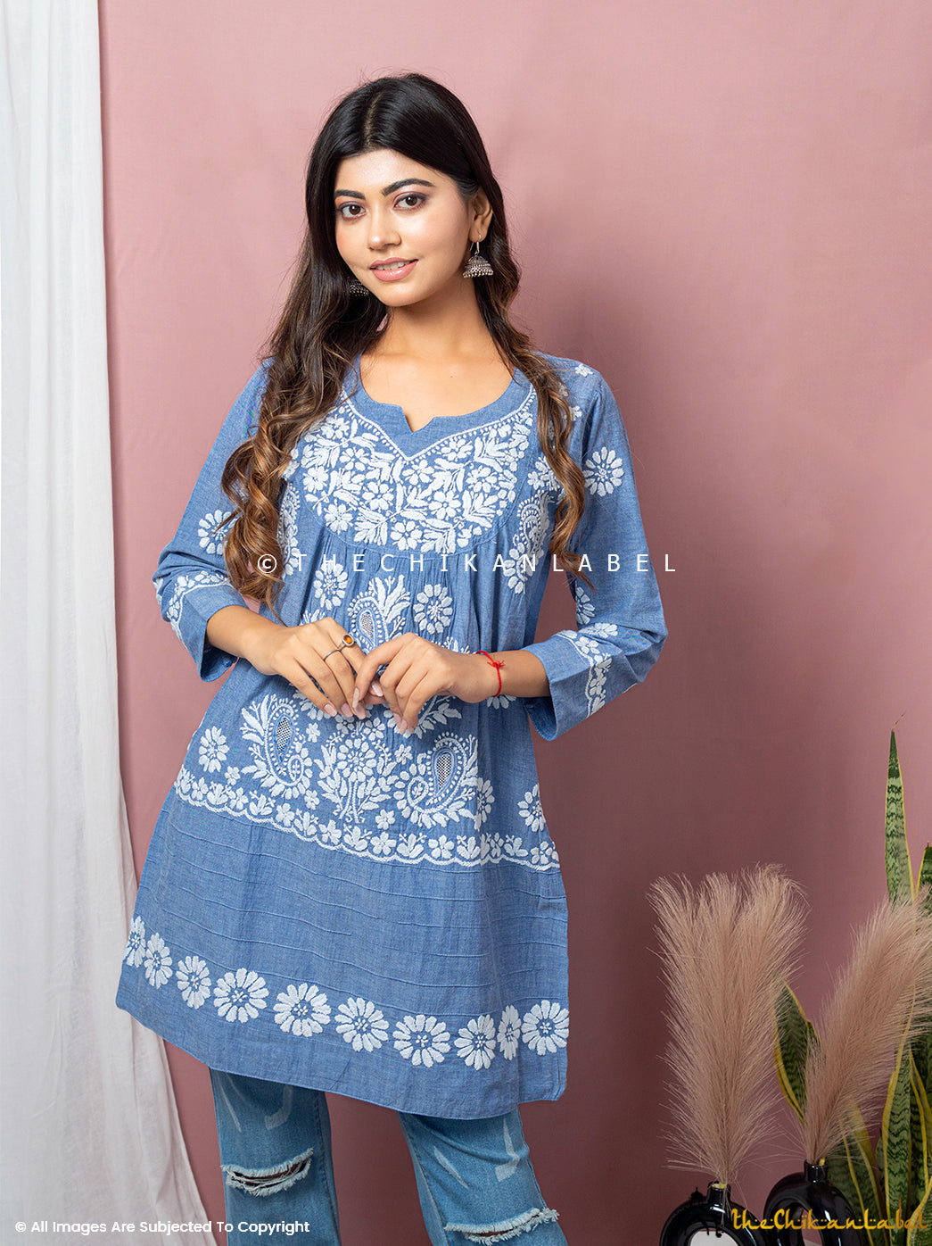 Ekaya Cambric Cotton Net Work Chikankari Tunic Top, Chikankari Tunic Top in Cambric Cotton Fabric For woman