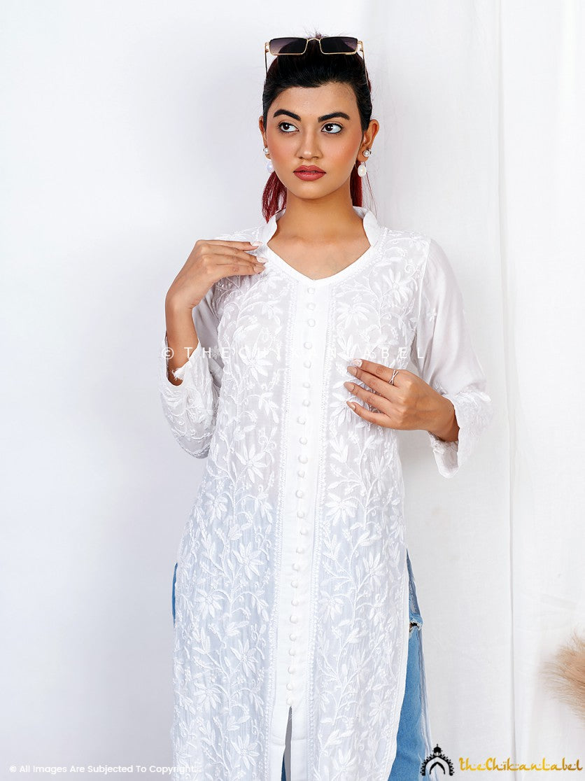 White Kaira Muslin Chikankari Straight Kurti