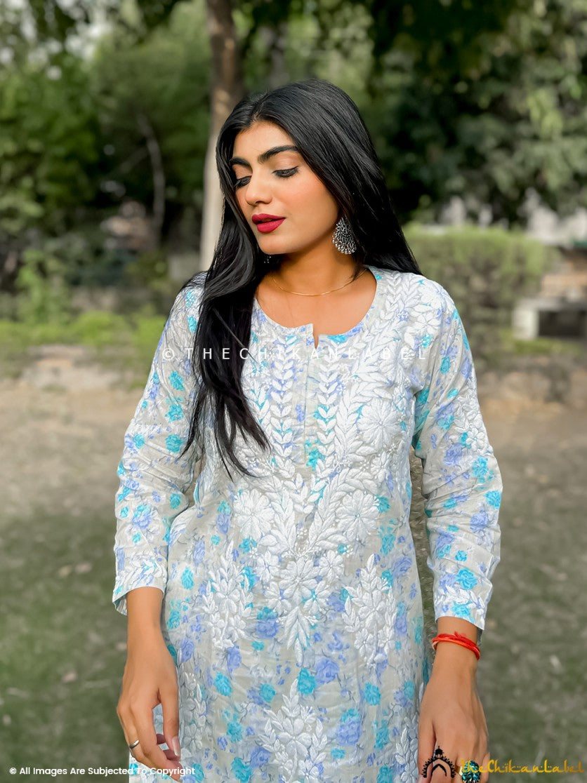 Blue Meher Mulmul Cotton Chikankari Kurta Set