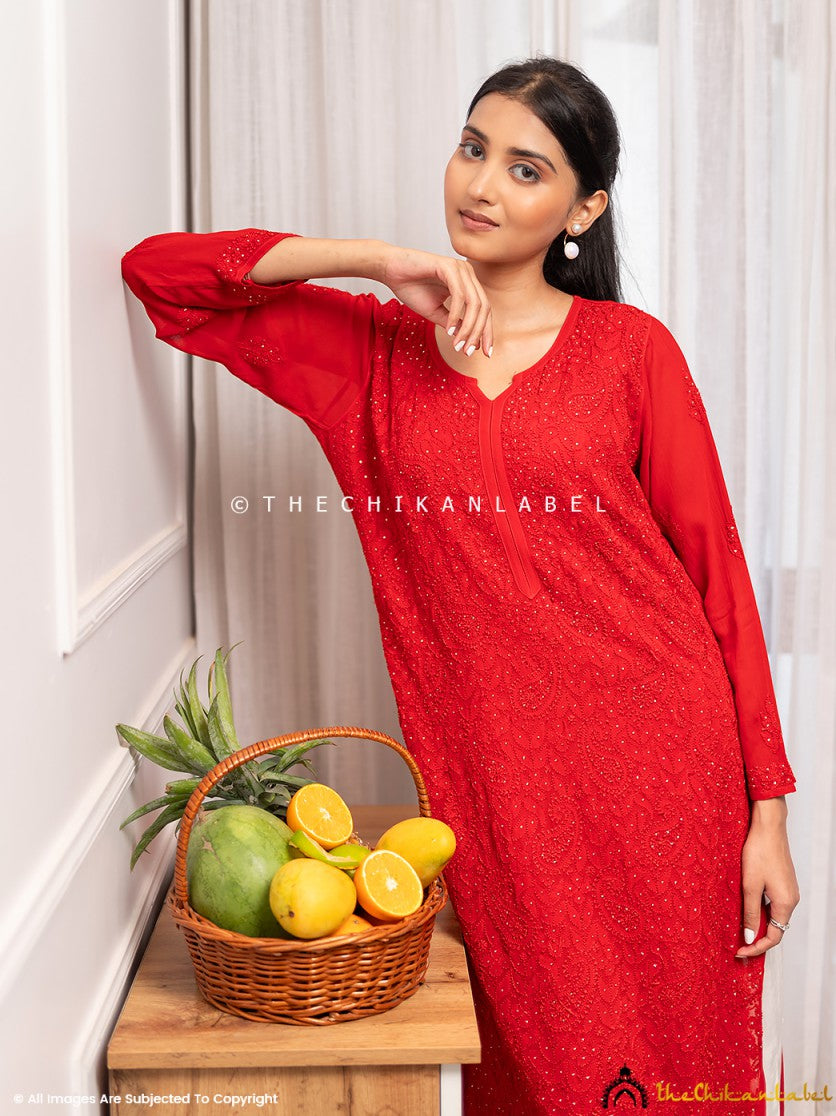 Rakul Preet Red Viscose Chikankari Straight Kurti