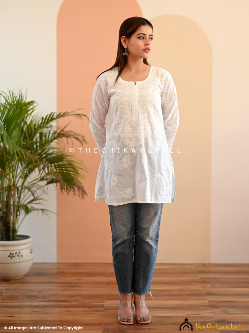 White Faiza Cotton Chikankari Short Kurta , Chikankari Short Kurta in Cotton fabric For Woman