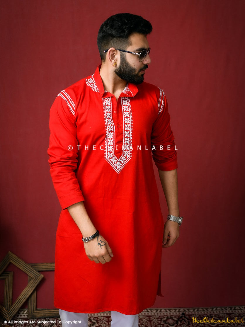 Red Uman Cotton Chikankari Men's Kurta ,Chikankari Men's Kurta in Cotton fabric For Men