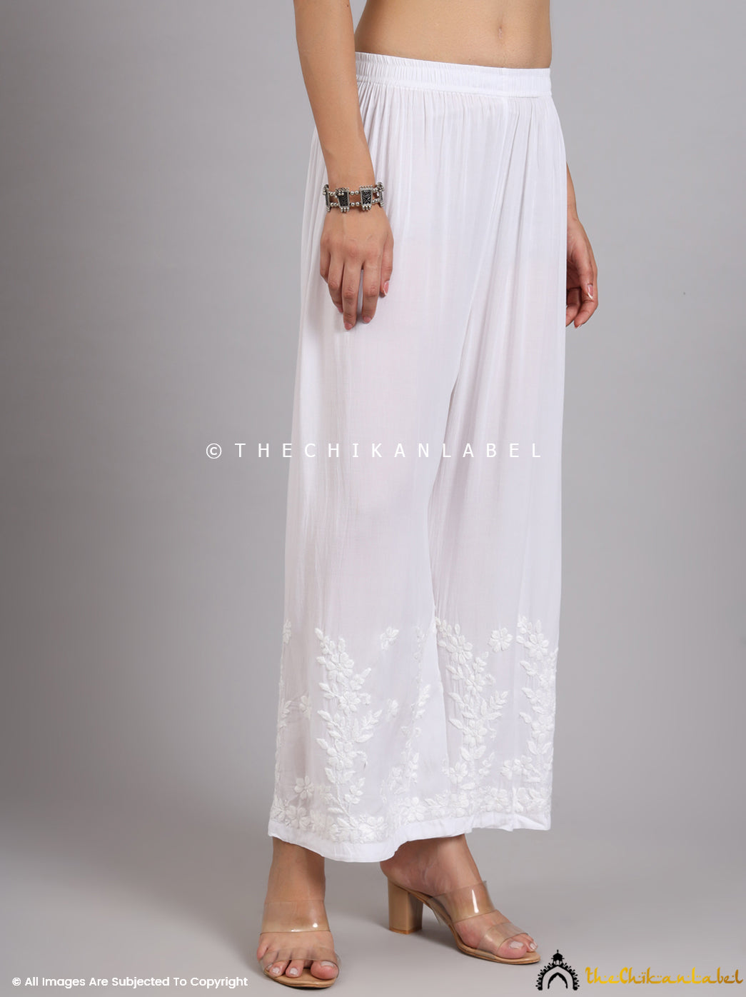 Flowy wide-leg ethnic trousers with chikankari