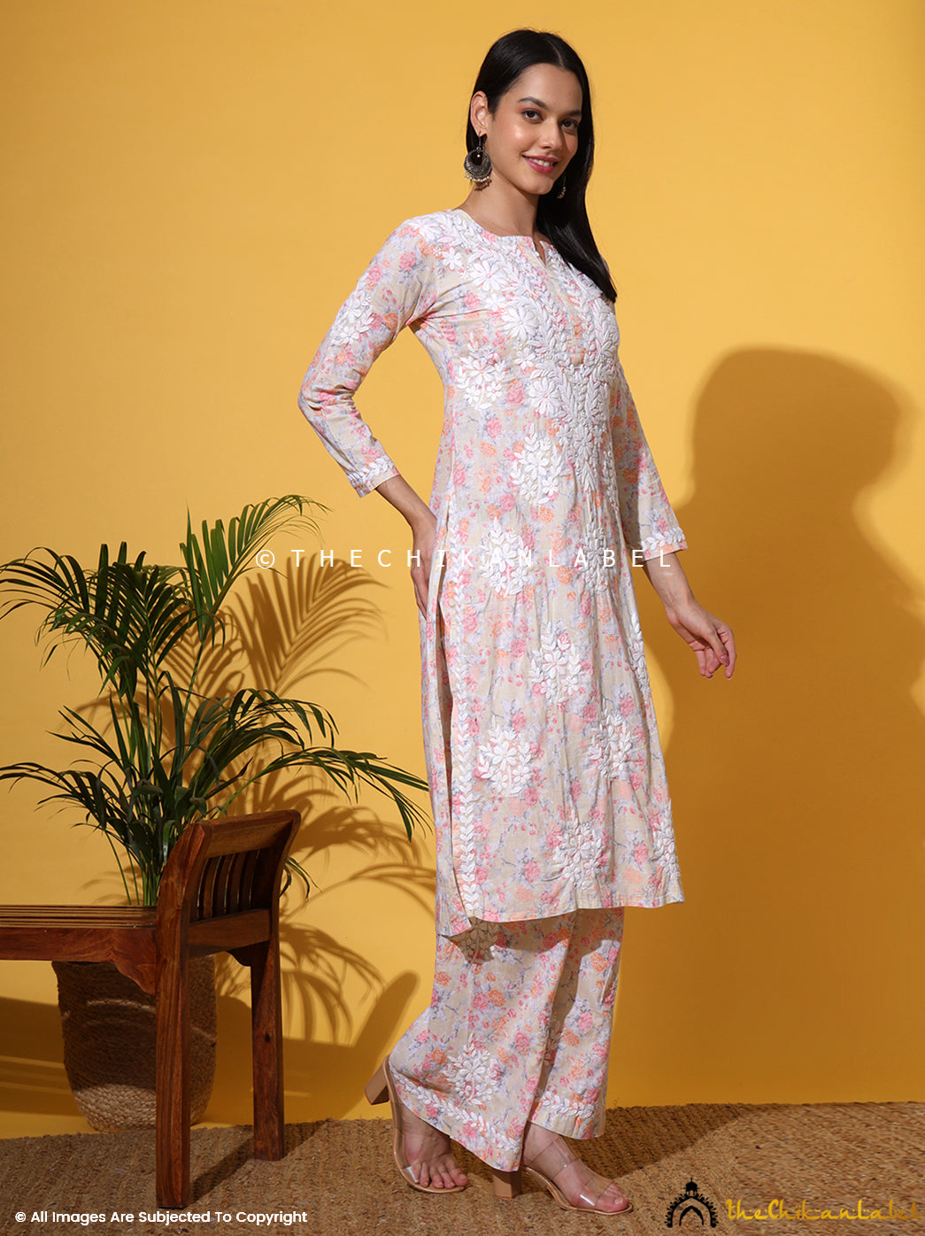 Peach Meher Mulmul Cotton Chikankari Kurta Set